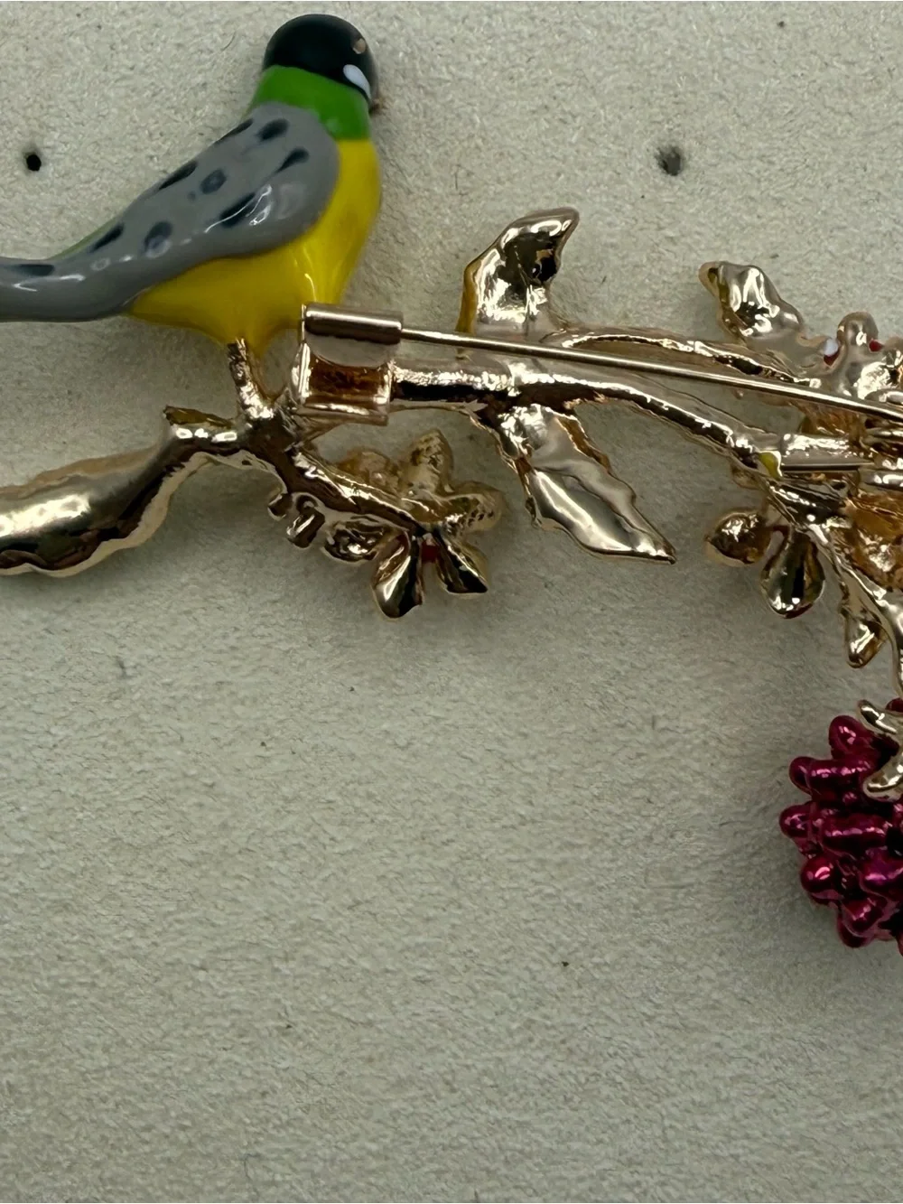 Enamel Yellow & Green Bird Floral Brooch - Unbranded